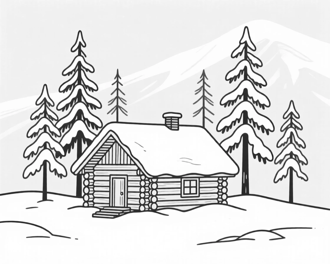 A snow-covered mountain cabin nestled among pine trees
