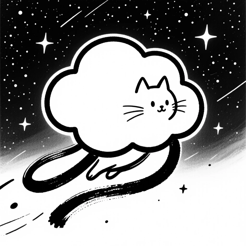 A round cat-shaped cloud creature drifting across a starry sky.