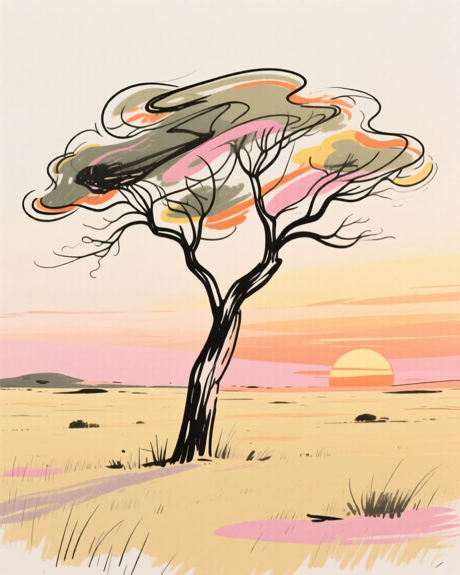 A wide open savanna with a single acacia tree silhouetted at sunset.