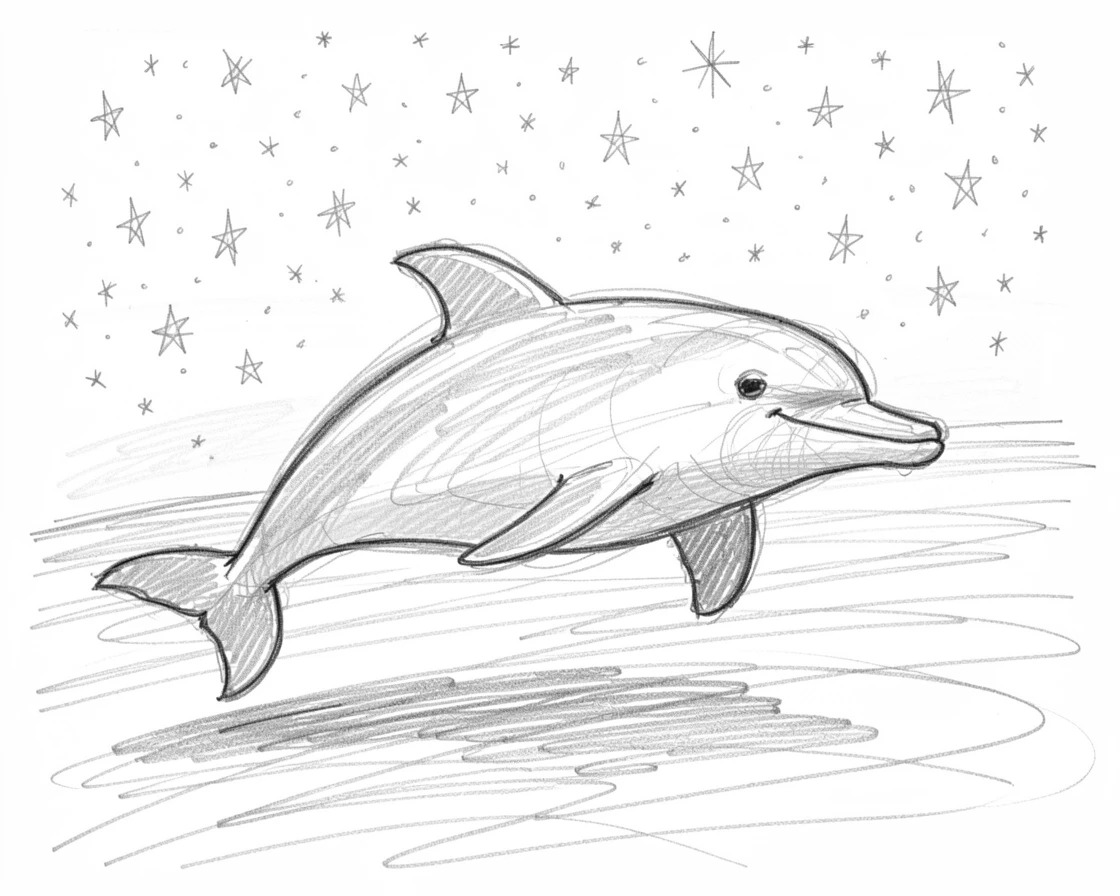 A playful bottlenose dolphin running joyfully across a snowy field, beneath a sky full of stars.
