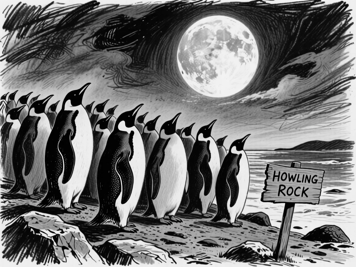 A penguin colony howling at a full moon.