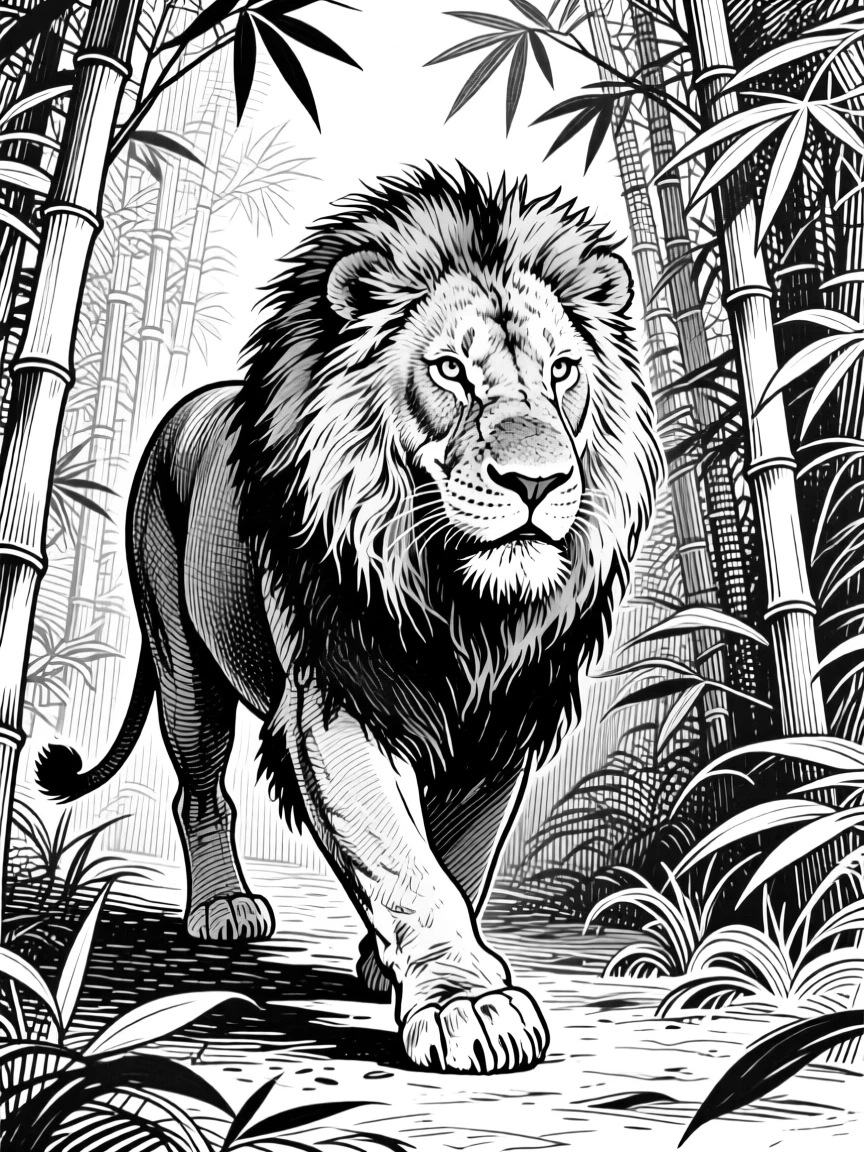A majestic lion within a dense bamboo grove, muscles tensed mid-stride, capturing a calm and dignified moment in nature with a strong, centered focal point.