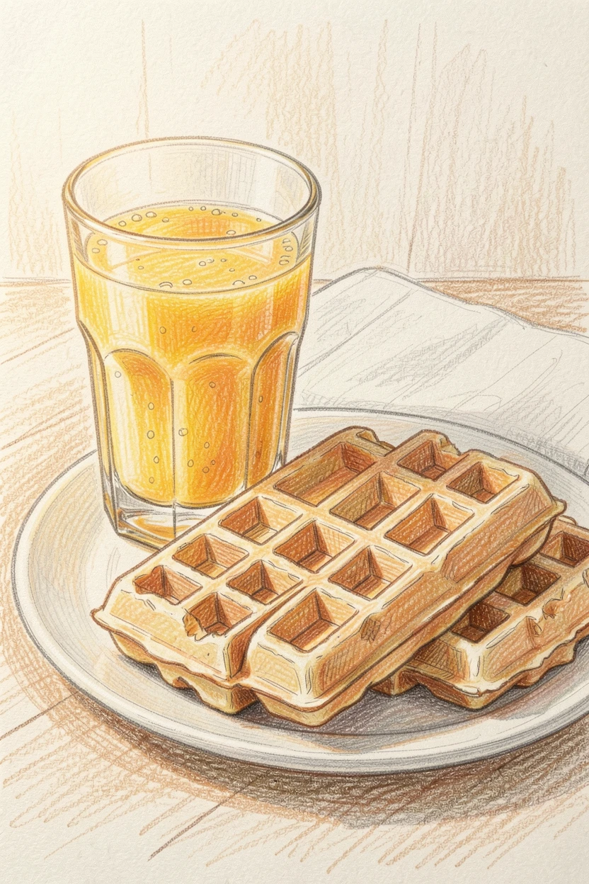 A glass of fresh orange juice beside a plate of waffles, with soft natural light highlighting the textures of the food, perfect for a warm, homey, appetite-inducing scene.