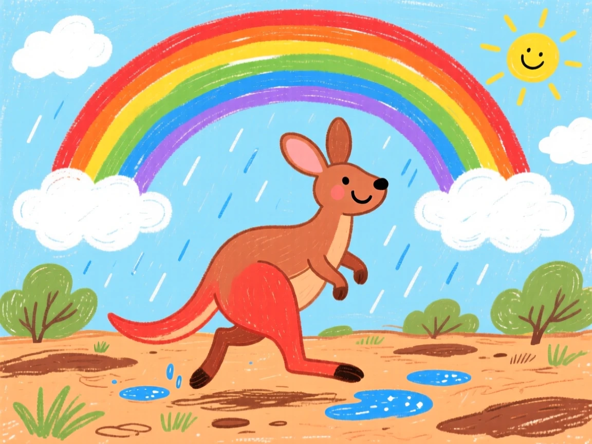 A kangaroo hopping through the outback beneath a rainbow after a storm.
