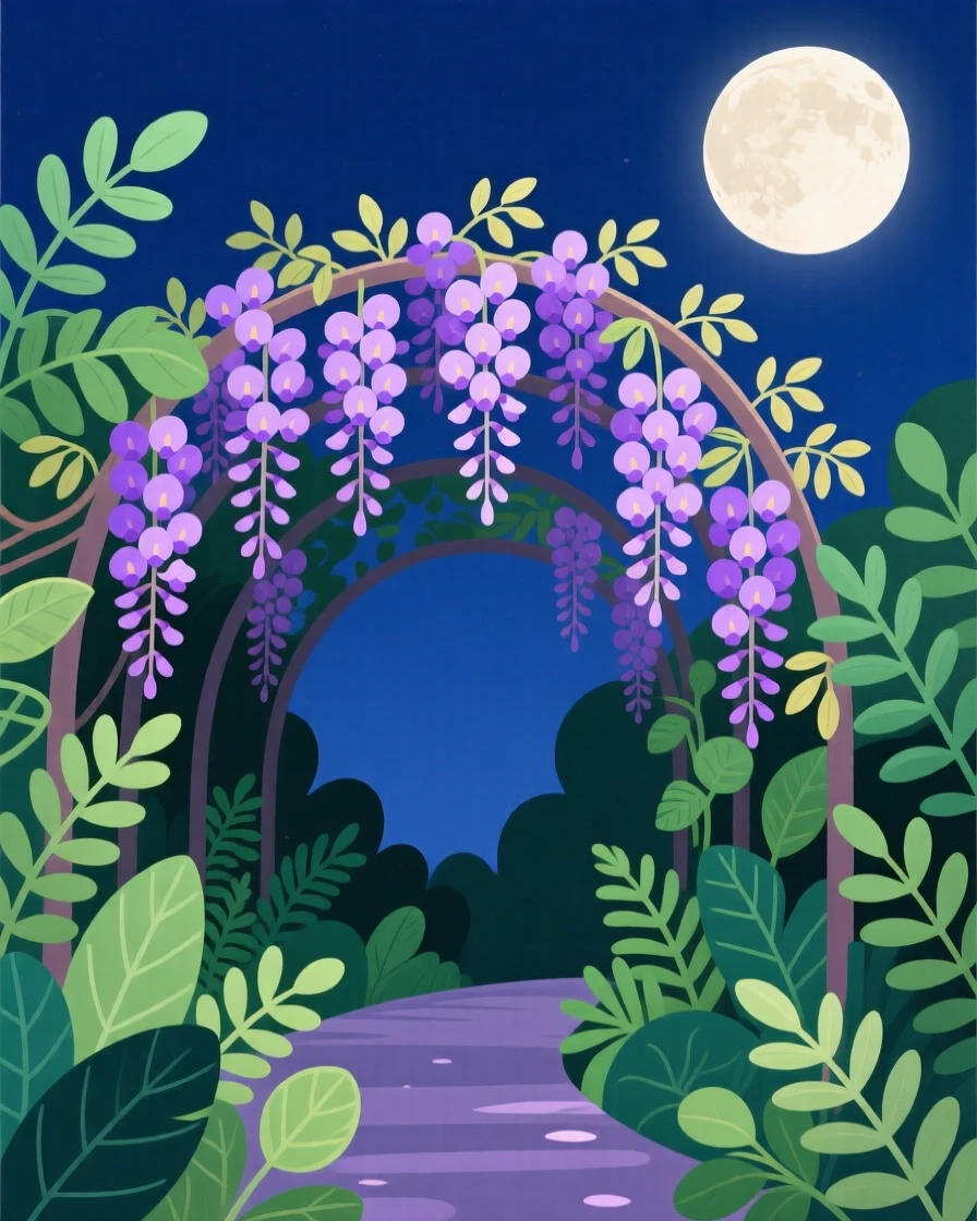 A blooming wisteria tunnel dripping with purple flowers, under the soft glow of a rising moon, composed with soft natural framing from surrounding foliage, with delicate textures visible in every leaf and petal.