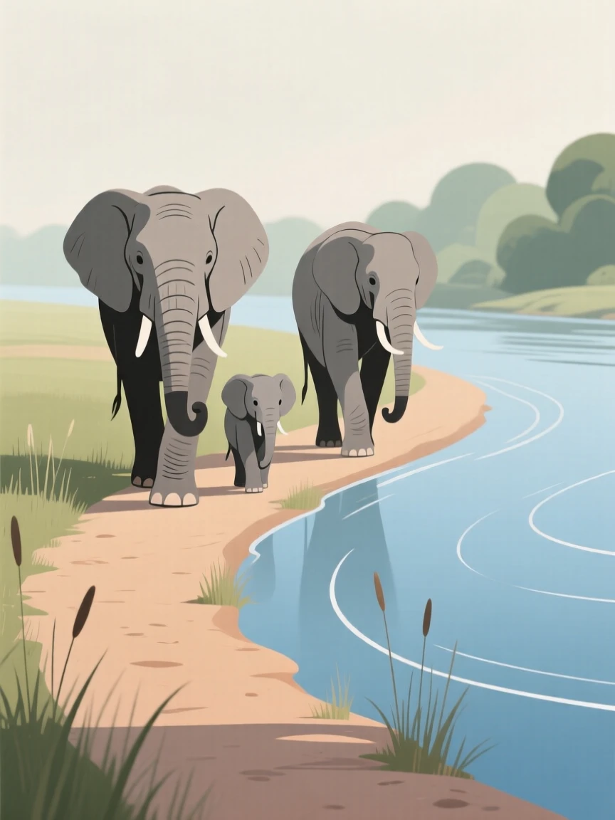 A family of elephants walking together along a riverbank path.