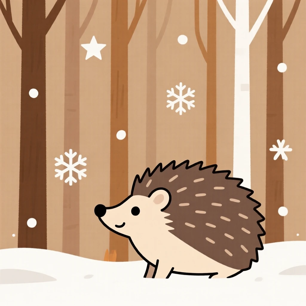 A hedgehog watching alertly from a distance in an autumn woodland, near falling snowflakes, giving off a sense of calm contentment.