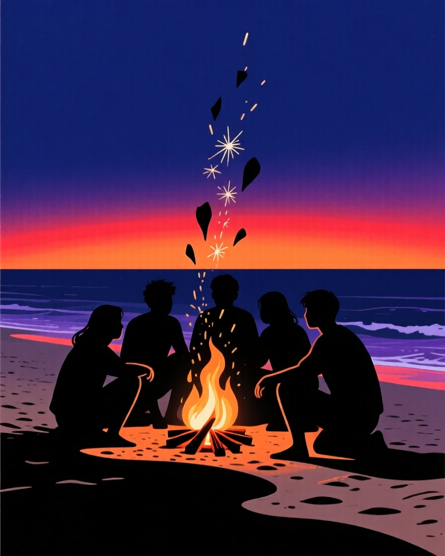 A group of friends gathered around a bonfire on a beach at night, sparks rising into the dark.