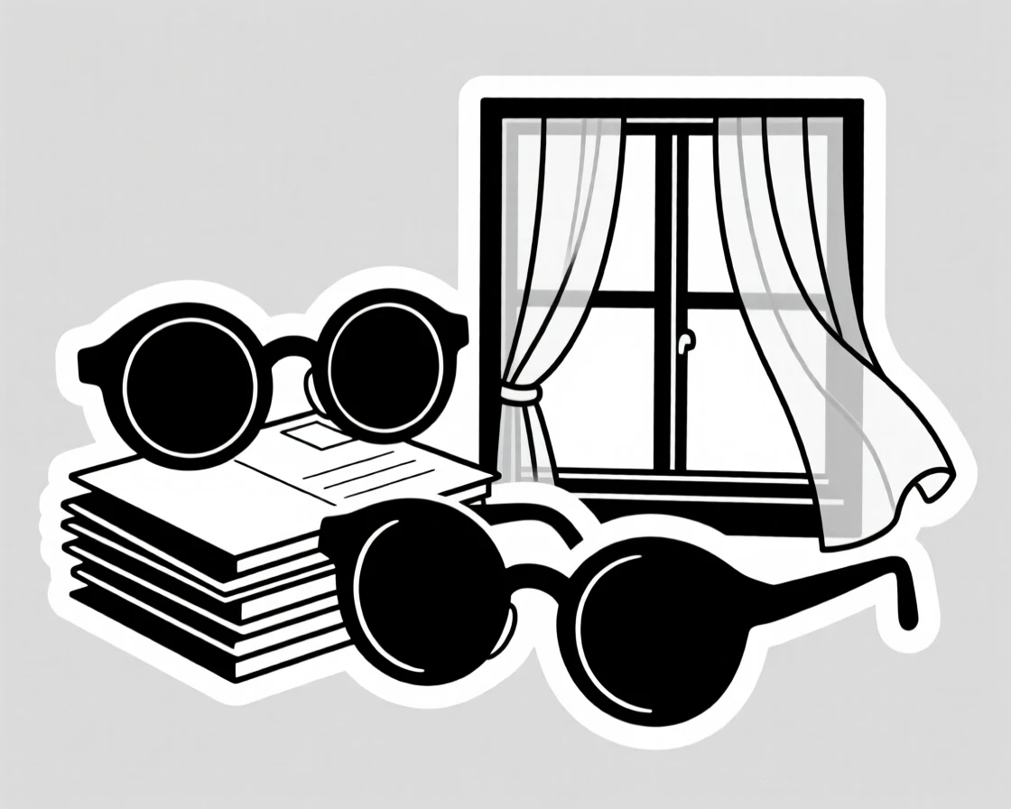 An effortlessly stylish pair of round eyeglasses, resting beside a stack of postcards, next to an open window with sheer curtains.