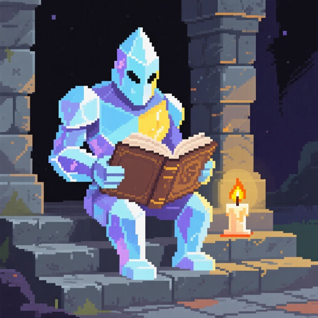 A crystal golem glowing from within reading an old spellbook by candlelight, on the steps of an old stone temple.