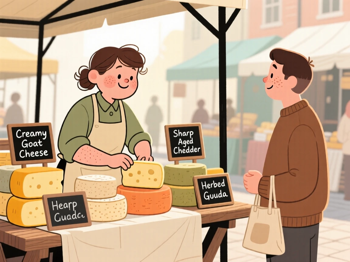 A baker arranges wheels of cheese at a bustling street market, greeting a regular customer with a warm smile in the morning sun.