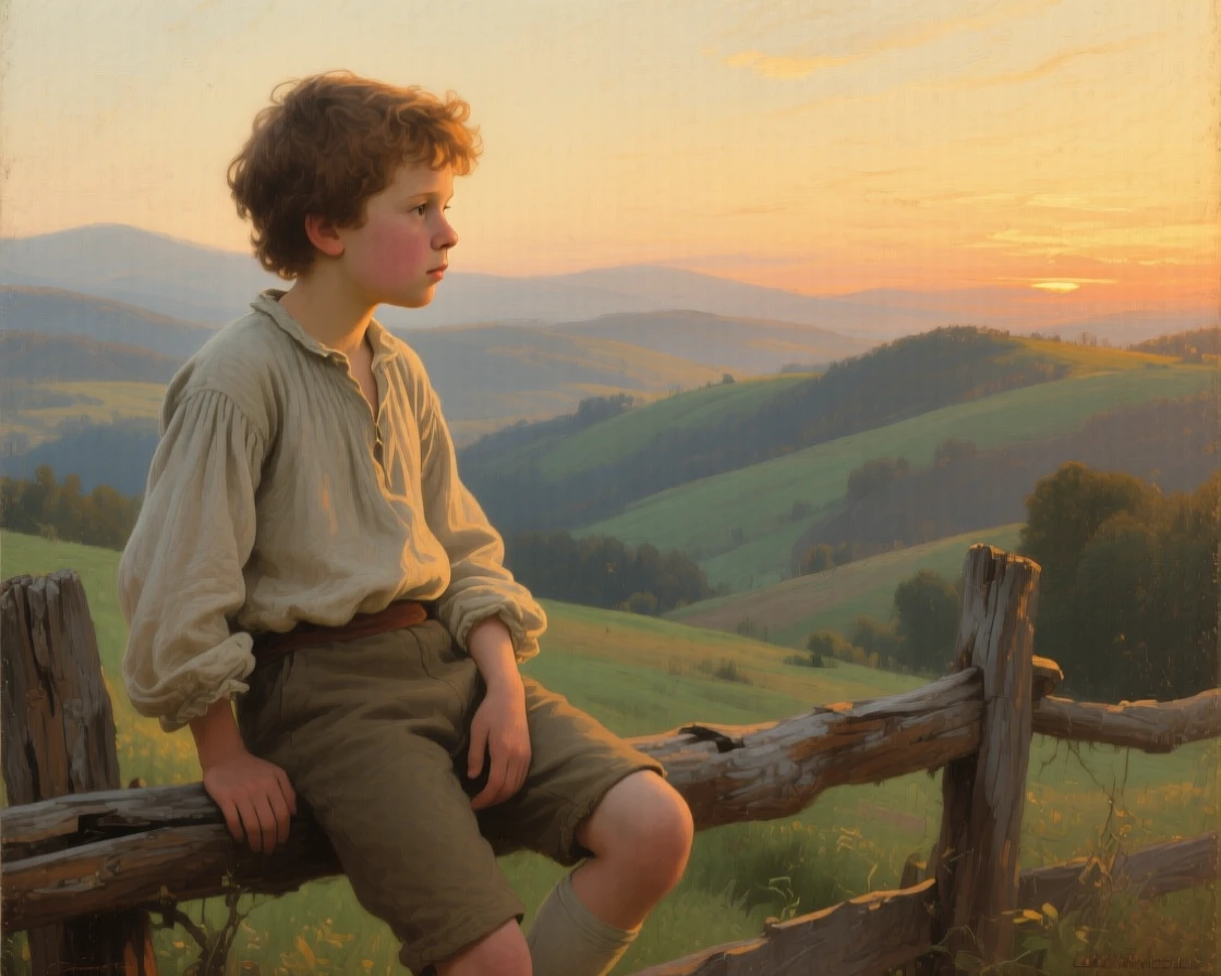 An intimate close-up of a young boy perched on a fence, gazing at distant hills, at golden hour, in the 18th century.