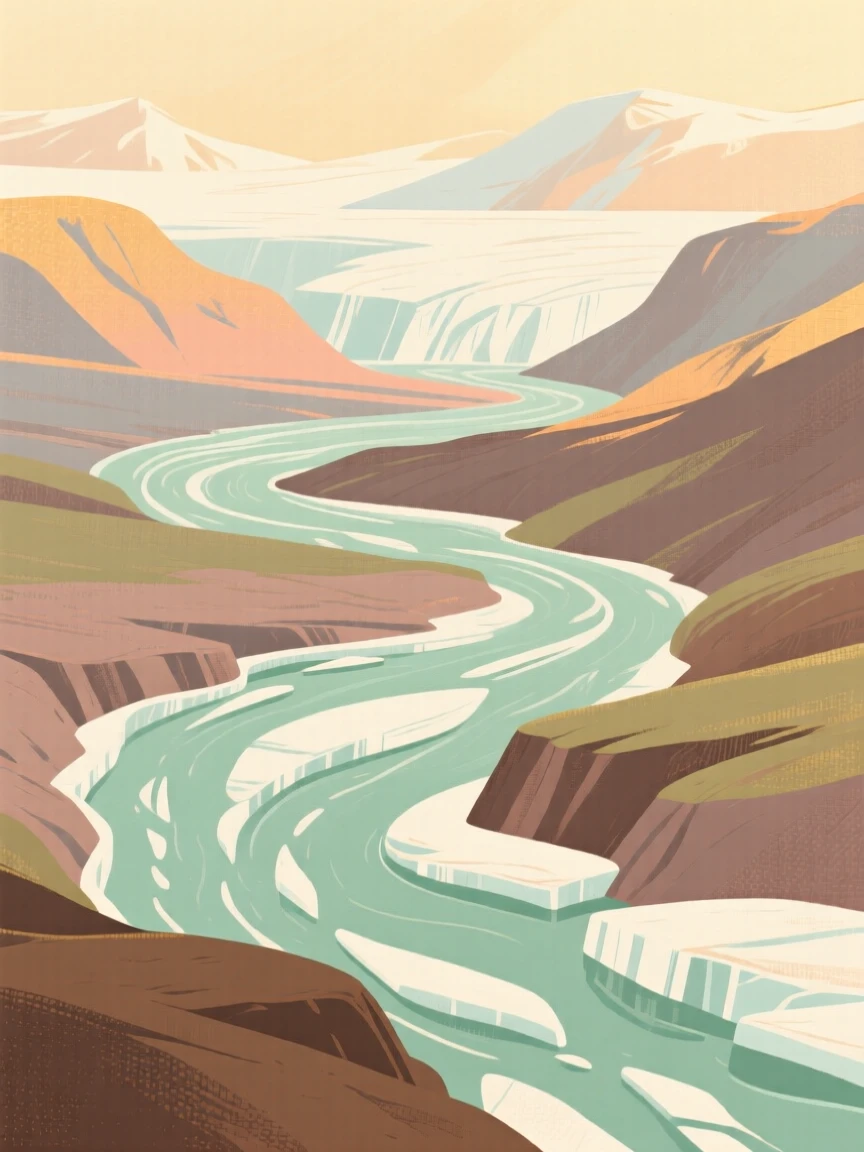 A remote glacier valley with braided rivers of melted ice