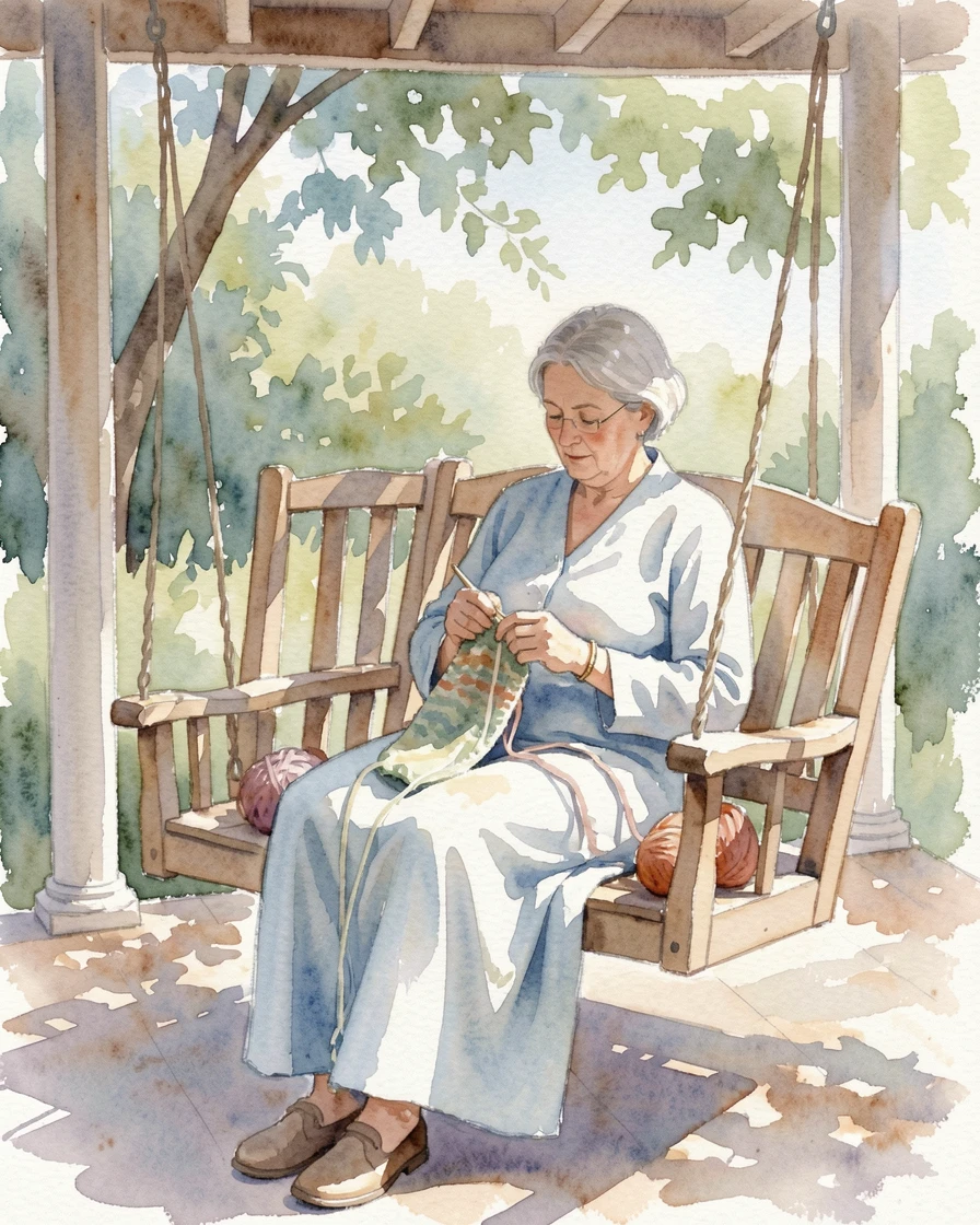 A grandmother knitting on a porch swing with soft natural light illuminating the scene.