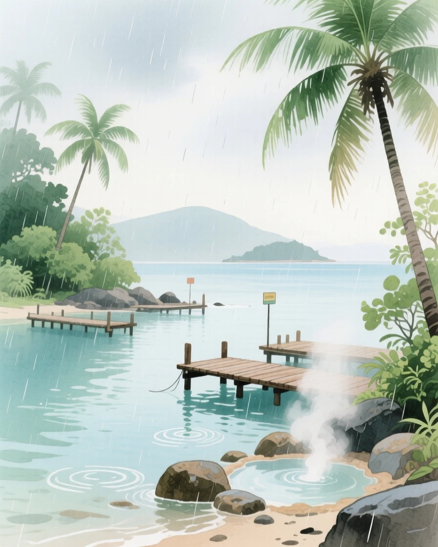 A picturesque view of a tropical island harbor with steam rising from natural hot springs, during a gentle spring rain