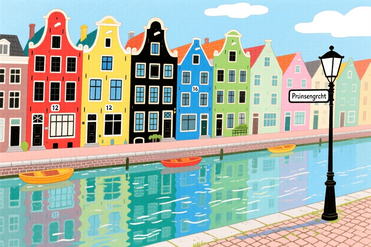 A stunning view of a colorful row of houses along an Amsterdam canal.