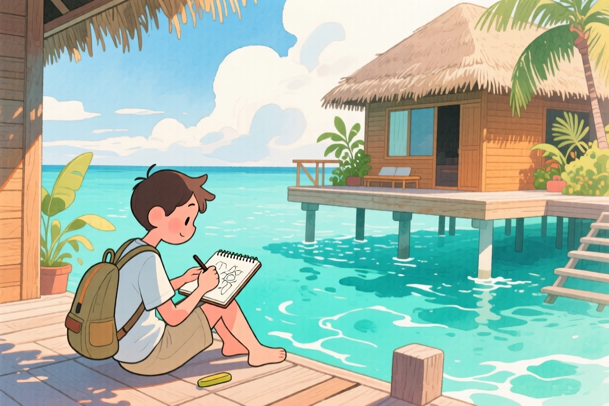 A solo traveler sits sketching in a small notebook amid the turquoise waters surrounding a Maldives overwater bungalow, capturing the wonder of discovering a new place.