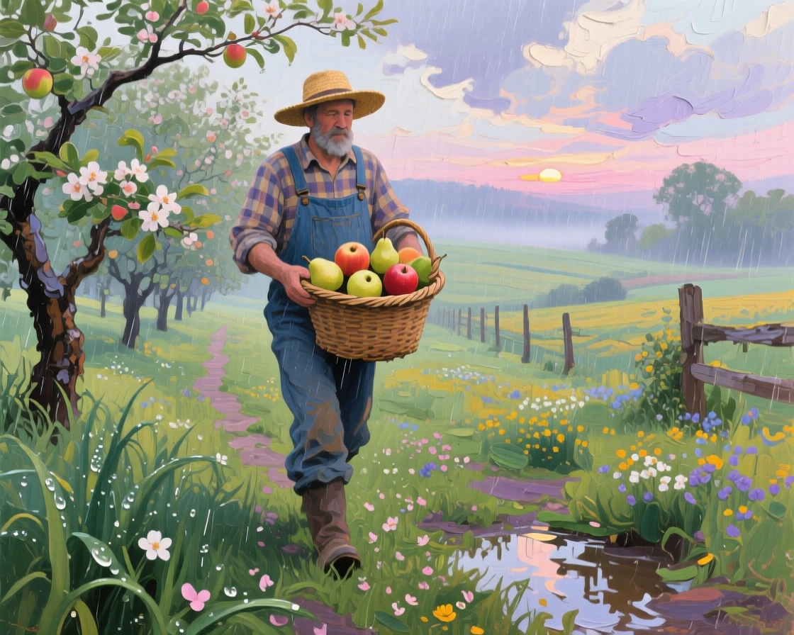a farmer carrying a basket through an orchard, after a light spring rain, with layered visual detail from foreground to horizon.
