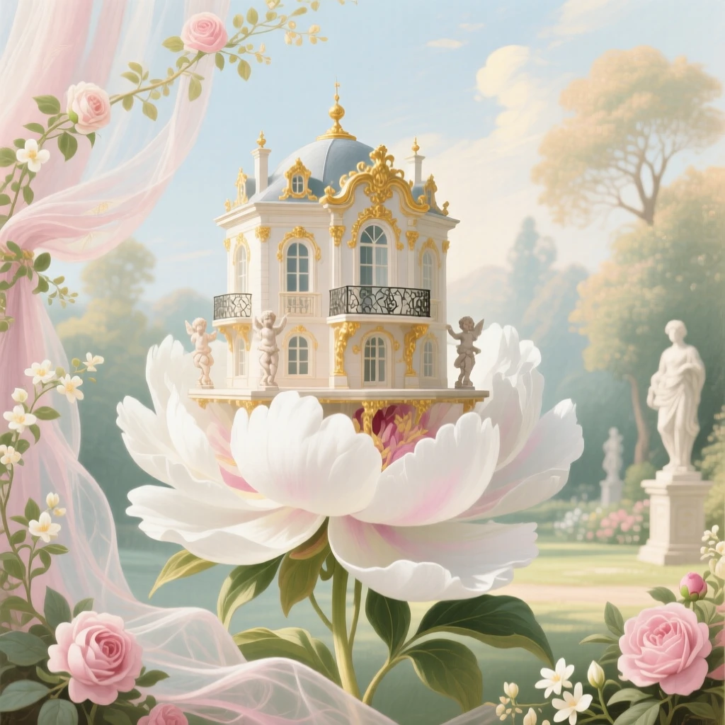 A tiny palace built atop a giant white peony  