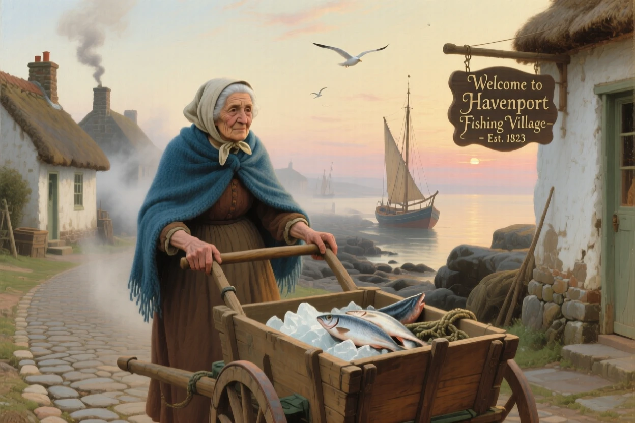An old woman drives his cart through a coastal fishing village as smoke rises from chimneys.