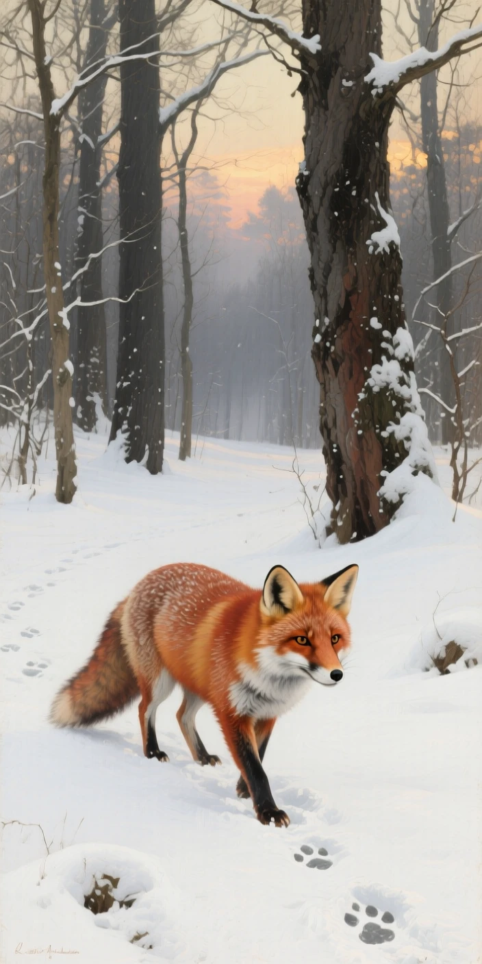 A red fox padding through a freshly snow-covered forest, its expression conveying an almost human sense of awareness, showing the animal in its truest, most authentic element