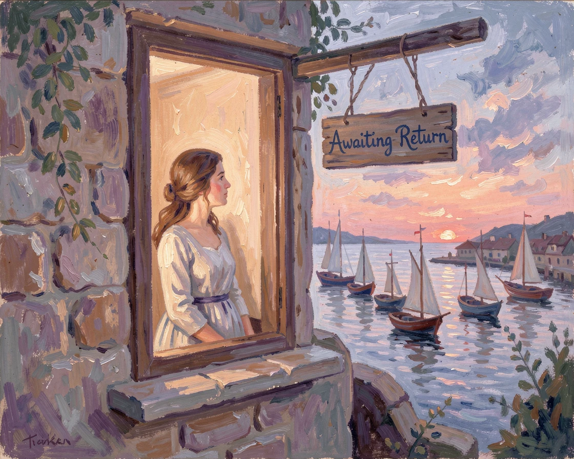 A fisherman's wife watching from a cliffside window as boats return to harbor at dusk.