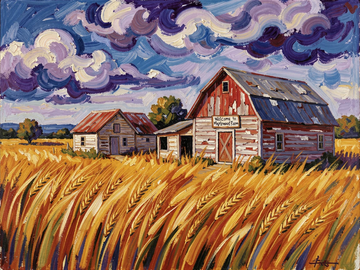 A rural farmhouse and barn surrounded by golden fields under a wide midwestern sky.