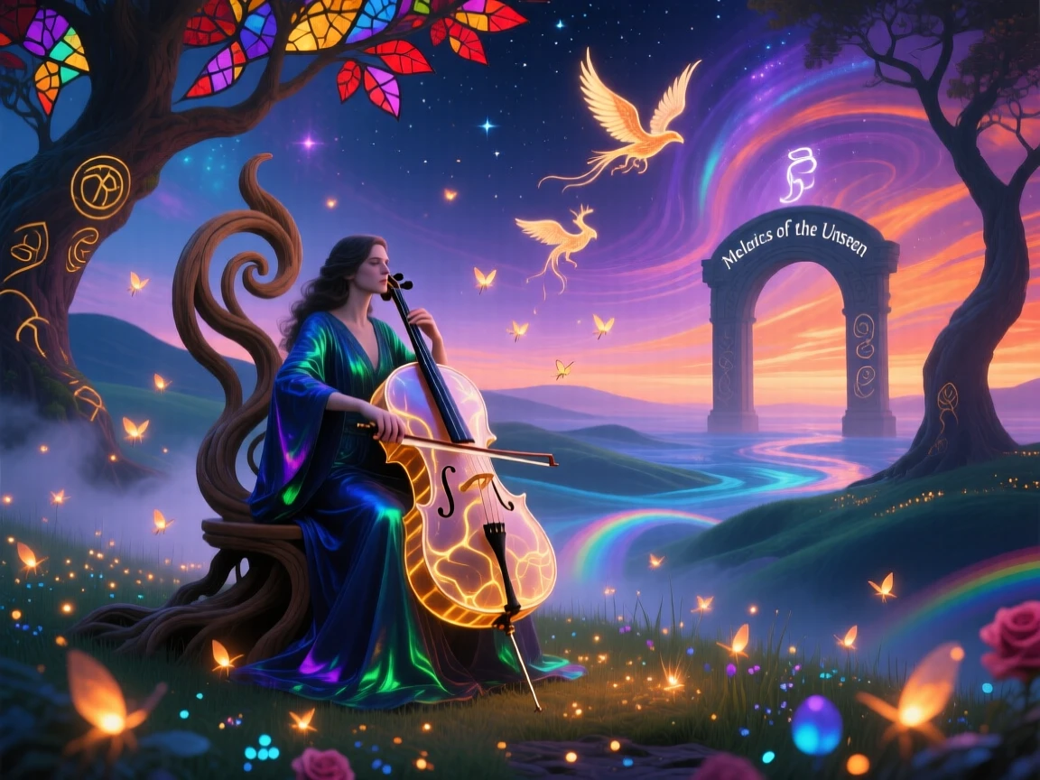 A cellist performing for an audience of softly glowing fireflies travels onward through a landscape that shifts gently around them, as tiny sparks of light rise gently from where they stand.