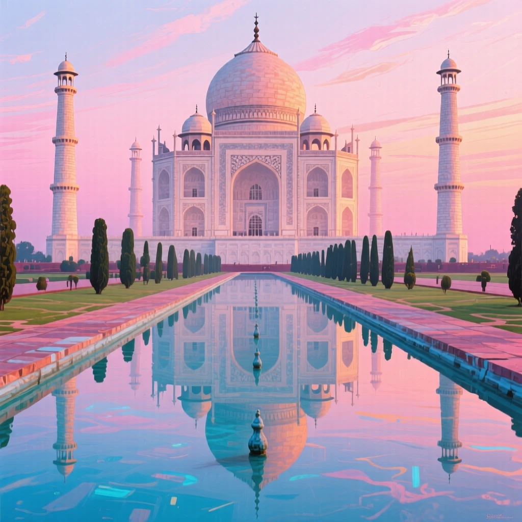 The Taj Mahal reflected perfectly in its long reflecting pool under a soft pink sunrise