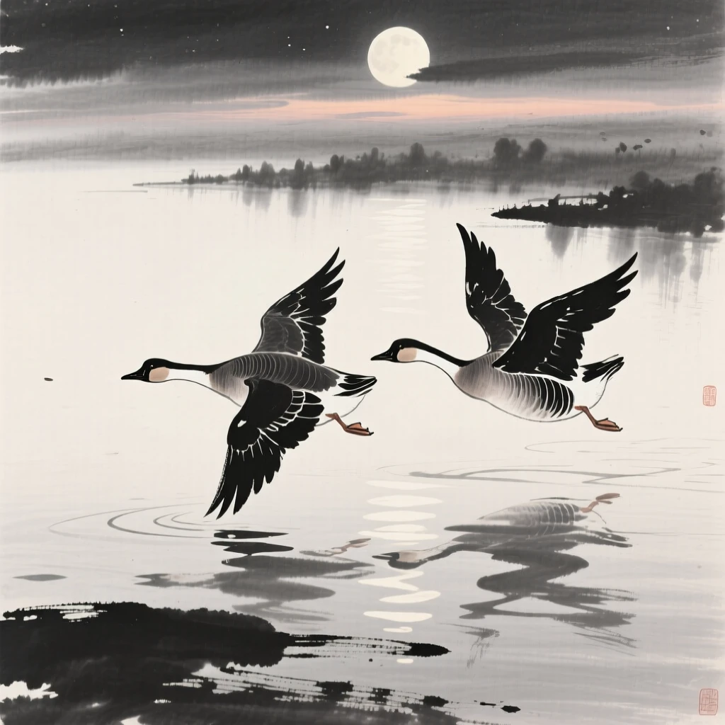 A pair of geese glide low over a moonlit river, as the last light of day fades over the horizon.