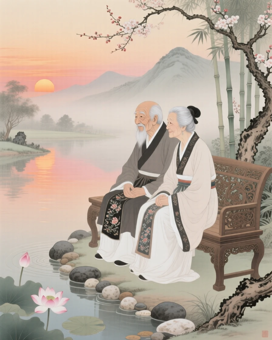 An elderly couple sitting quietly together watching the sunset from a garden bench, beside a quiet garden pond