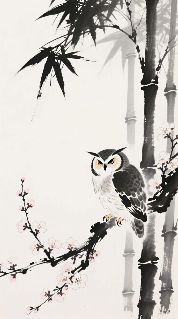 An owl nesting among blossoming branches within a quiet bamboo grove, positioned in one corner, leaving airy negative space, conveying serenity and effortless movement.