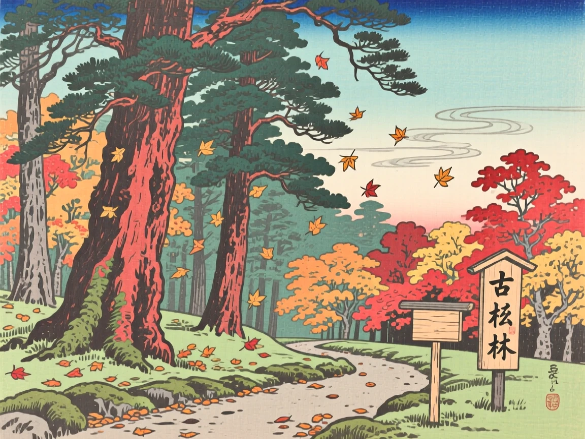 An ancient cedar forest, surrounded by drifting autumn leaves.