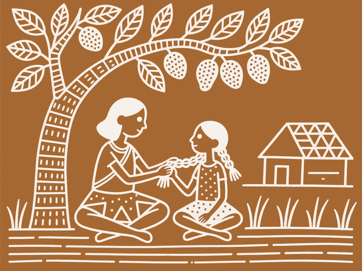 An older sister braiding each other's hair while chatting under the shade of a mango tree.