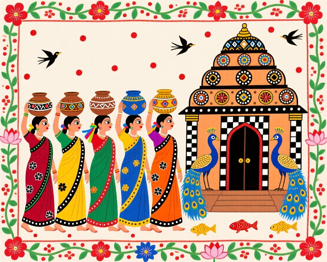 A line of women walking single file, pots balanced gracefully, past a temple.