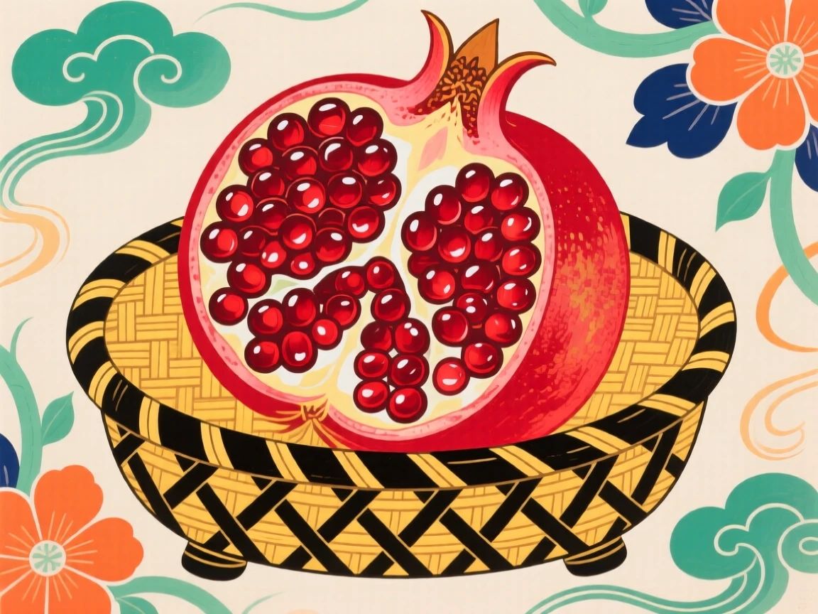 A pomegranate split open to reveal its seeds in a woven bamboo basket.