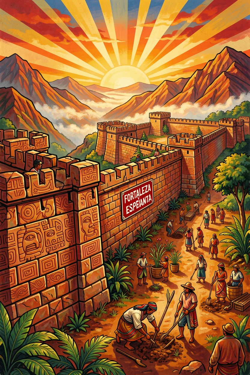 A fortress wall stretching across misty mountains