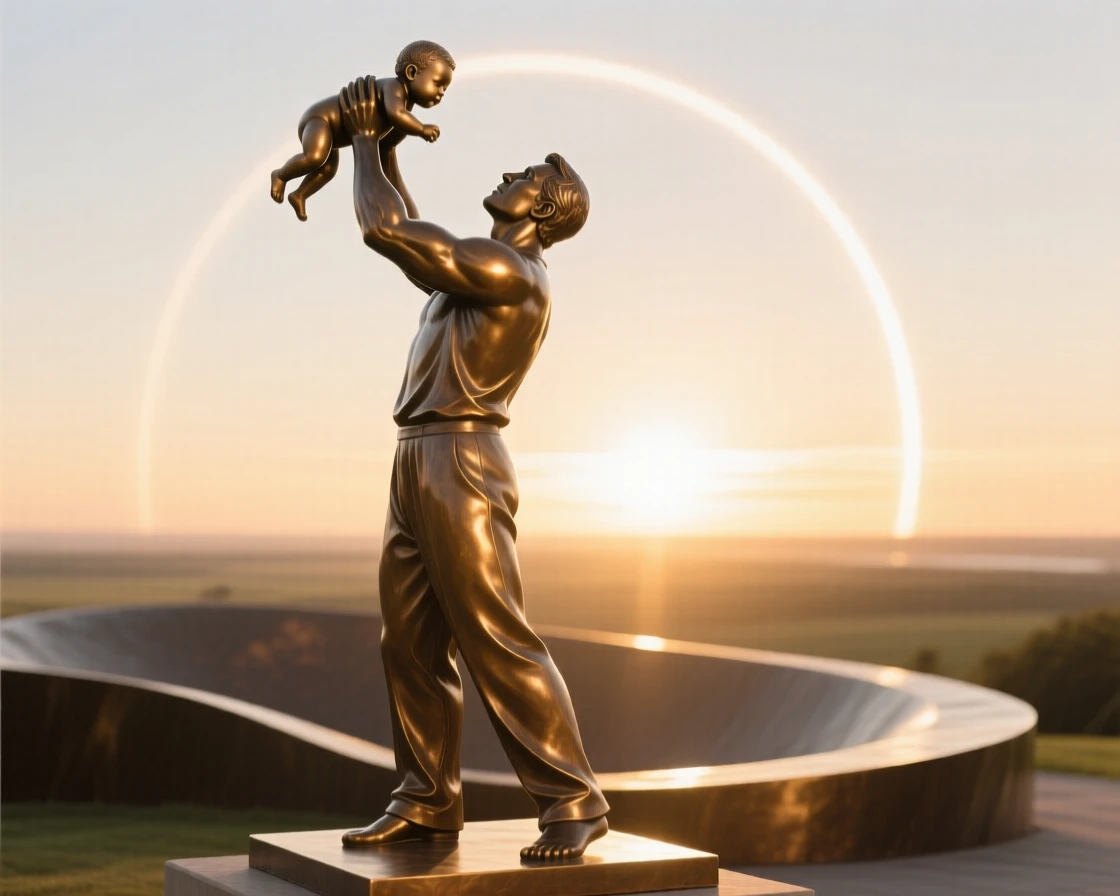A father lifting his newborn toward the morning light, silhouetted against a glowing horizon, forming a strong central focal point
