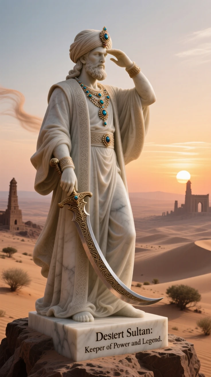 A desert sultan surveying his kingdom at sunset, bathed in an otherworldly glow, radiating power and legend