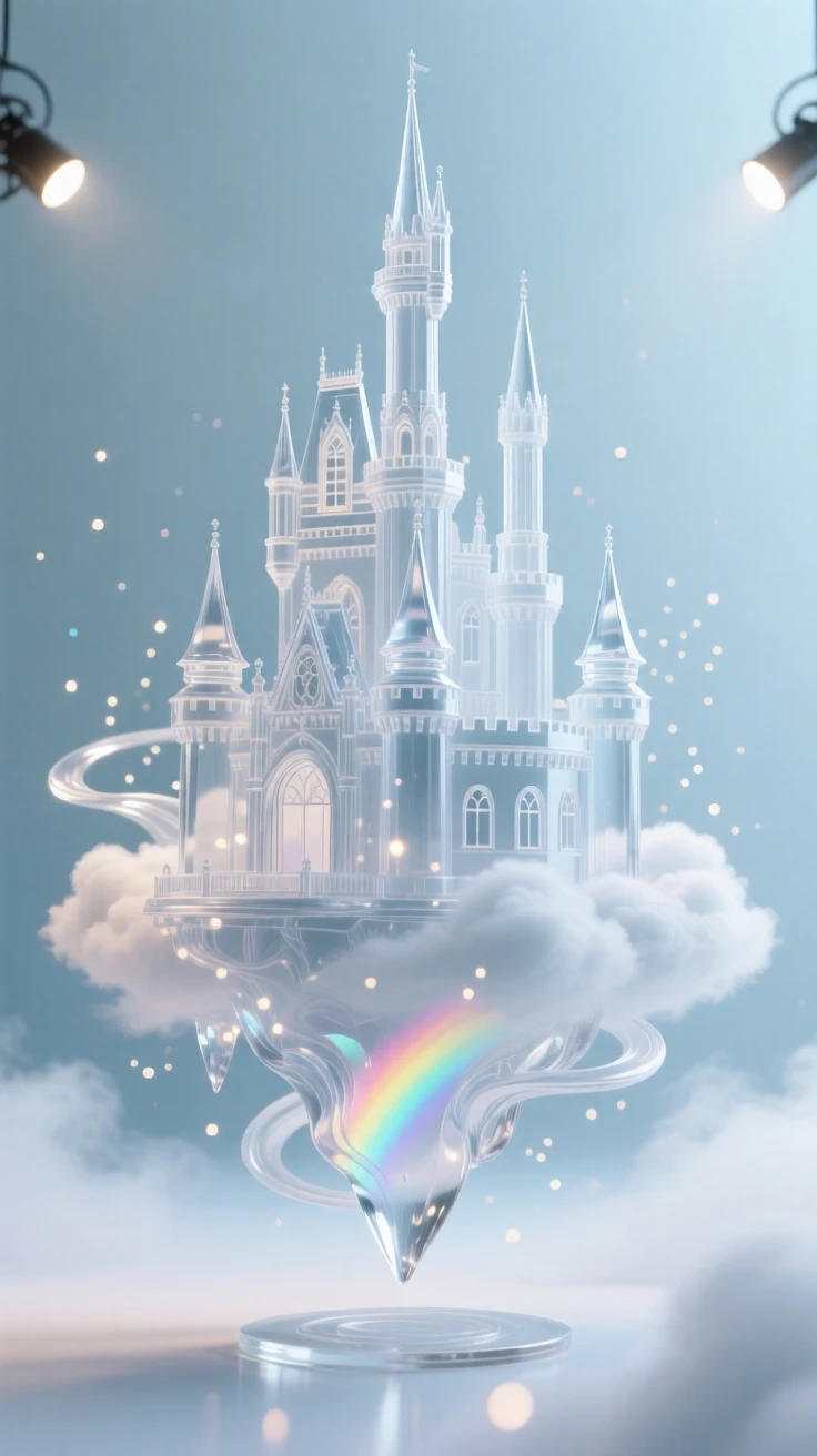 A floating castle among the clouds surrounded by softly glowing particles and gentle mist, wide cinematic composition, radiating magic and serenity.