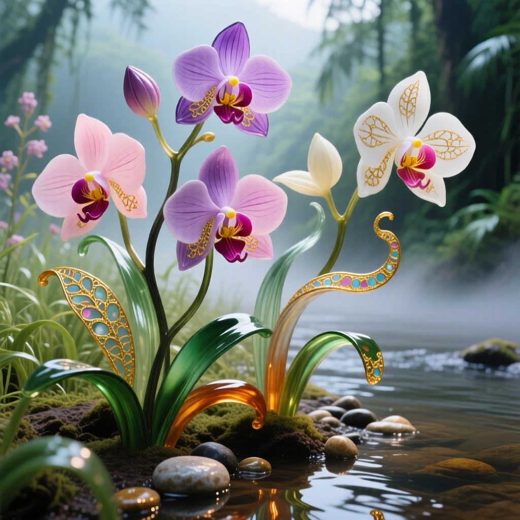 A field of wild orchids growing along a misty jungle riverbank, exotic and delicate.