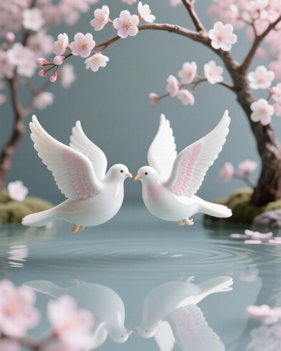 A pair of doves gliding together across a still pond beside a cherry blossom grove.