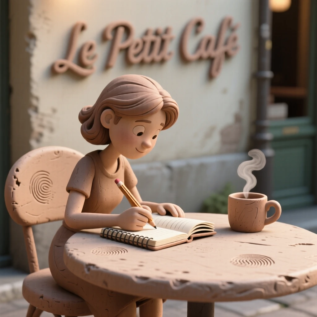 A woman sketching in a notebook at an outdoor café table