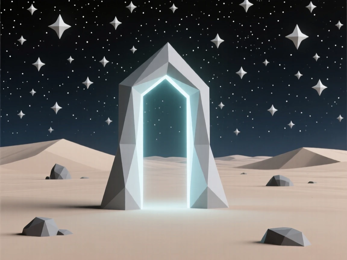 A glowing portal opening in an empty desert, beneath a sky filled with countless stars. the scale of the scene emphasizes its vastness and wonder. The mood feels futuristic and full of possibility.