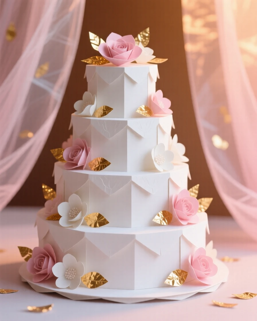 A towering wedding cake decorated with delicate sugar flowers and gold leaf accents, soft romantic lighting highlighting its intricate layers, evoking celebration and elegance.