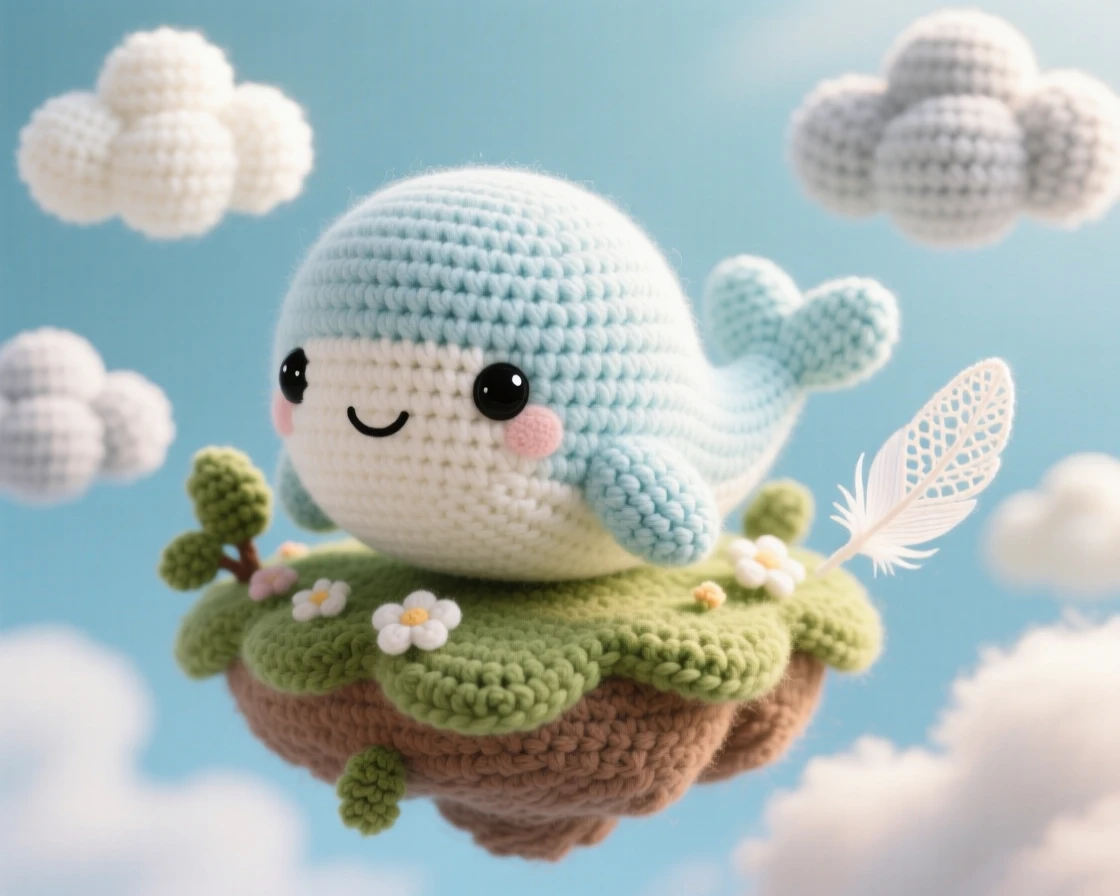 a round baby cloud whale, drifting softly through the sky, swimming gently between fluffy clouds, within a floating island drifting among the clouds, near a single floating feather catching the light, radiating a cozy, storybook enchantment.