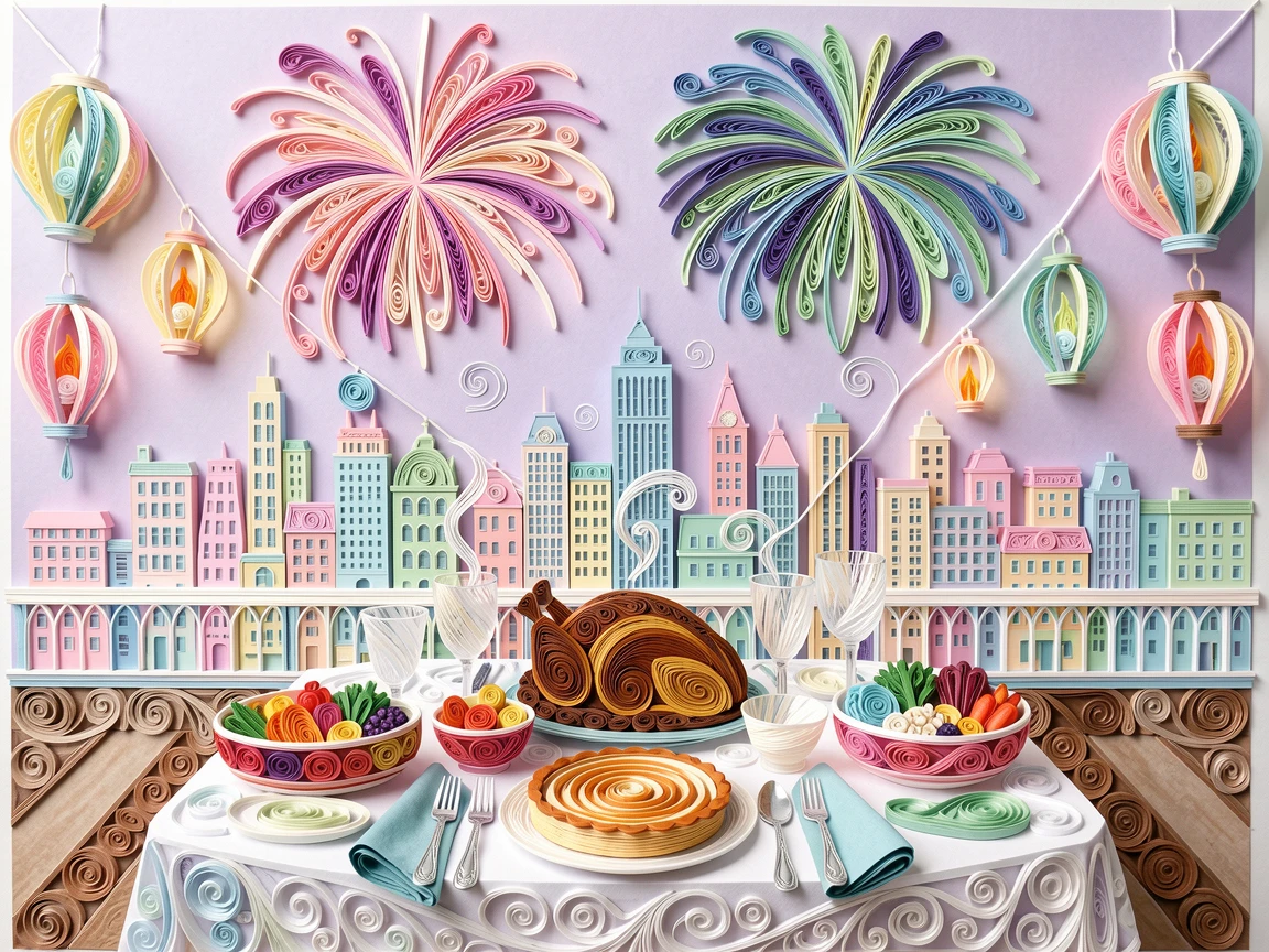 a table set for a festive Thanksgiving feast, on a rooftop overlooking a fireworks-lit skyline, framed by strings of glowing lanterns, in bright cheerful pastel spring colors.