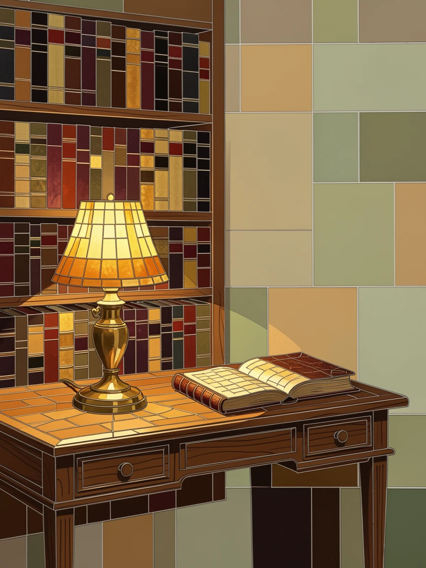 A quiet study filled with warm lamplight and shelves of leather books.
