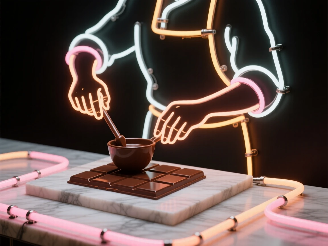 A chocolatier tempering chocolate on a marble slab.