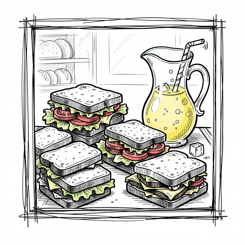 A picnic spread of sandwiches and lemonade displayed in a bakery window.